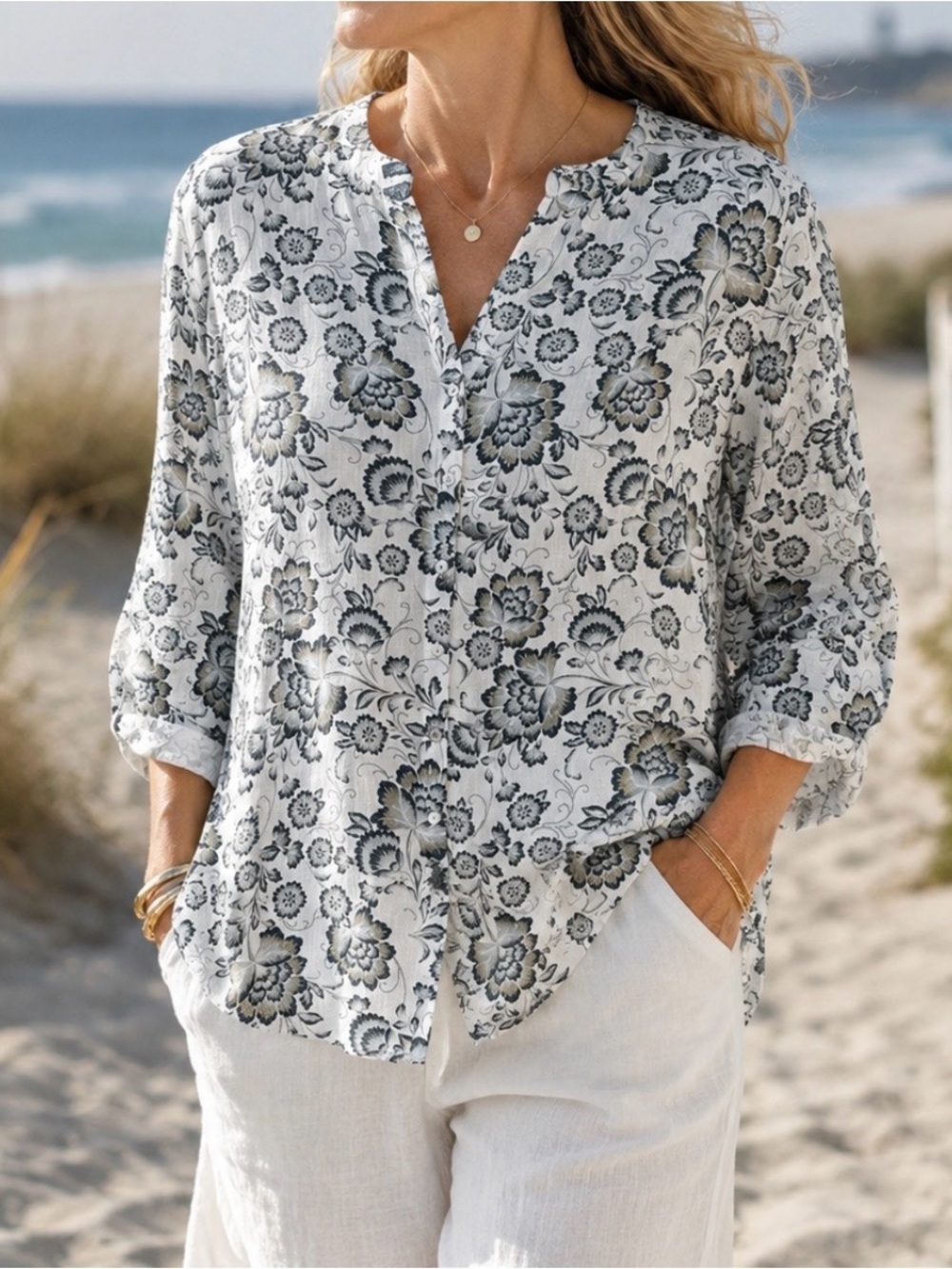 Tahari Linen Beachy Floral Print Button Down Longline Summer Top 2XL